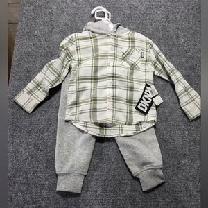 DKNY 2 Piece Toddler Set 2T Plaid Shirt Gray Jogger Pants NWT